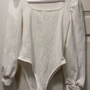 White Textured Long Sleeve Bodysuit
